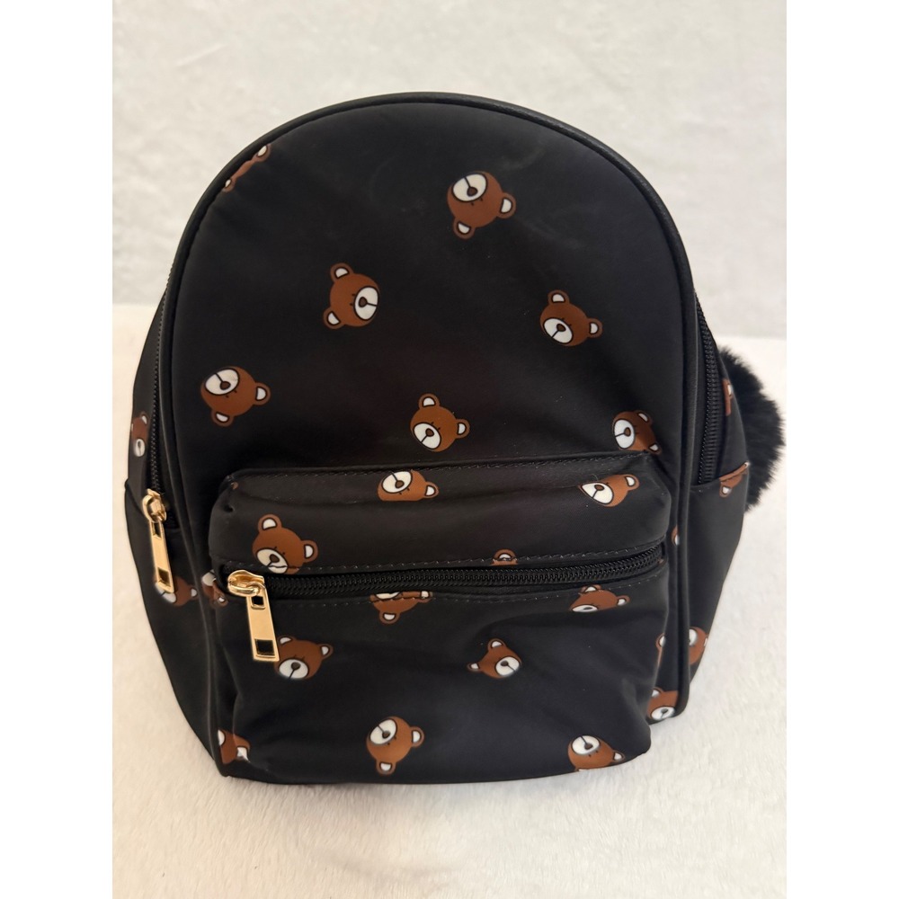 Black Nylon Mini Backpack Brown Teddy Bear Print Gold Hardware Pom Pom Keychain